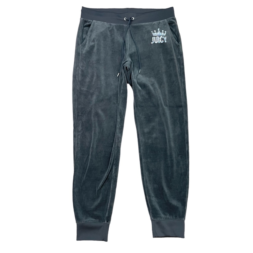 Juicy Couture Y2K Gray Bling Crown Logo Velour Lounge Jogger Track Pants Large